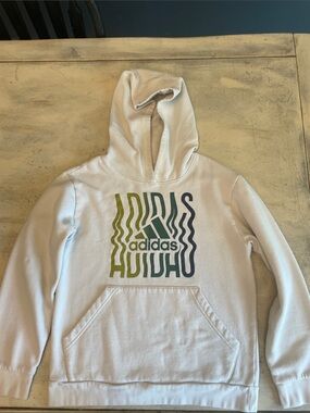 adidas White Hoodie with Green and Navy Wavy Logo